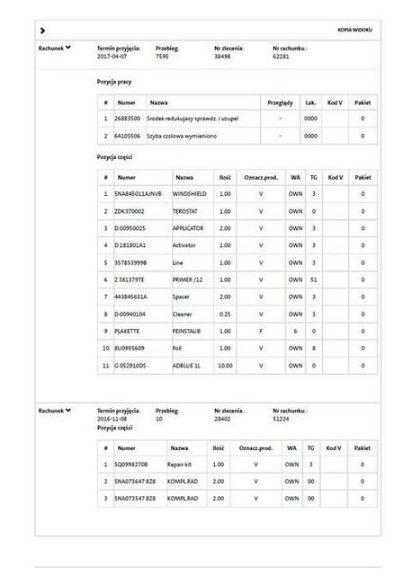 VW VOLKSWAGEN VIN, Sprawdzenie Historia serwisowa, Przebieg