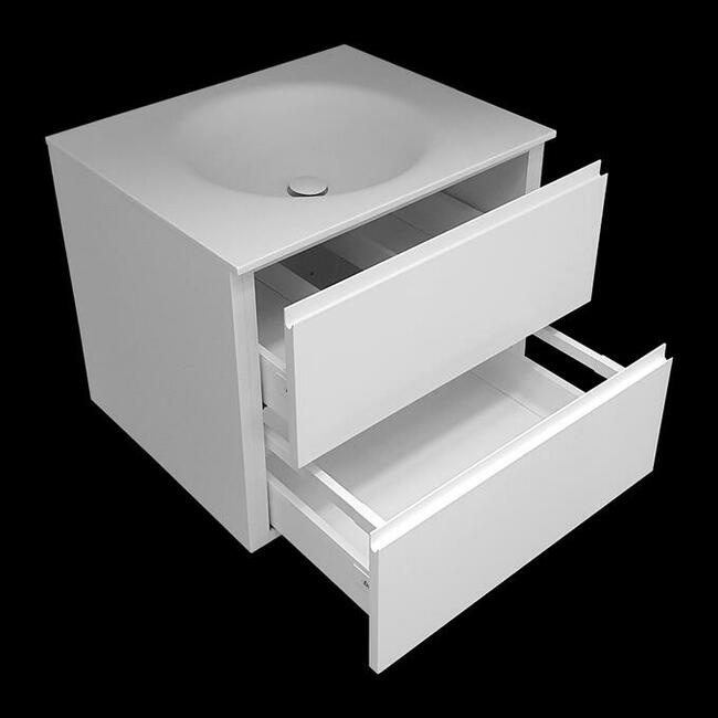 Szafka łazienkowa z umywalka kompozytową wygiętą z blatu