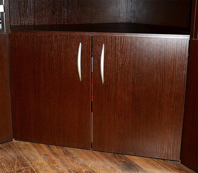 Regał biurowy brązowy 120 cm NAROŻNY płyta meblowa, stan ide