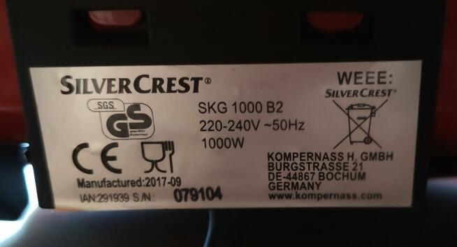 Nowy GRILL KONTAKTOWY 1000W SILVERCREST