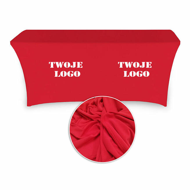 Czerwony elastyczny obrus na stół z 1 logo full kolor
