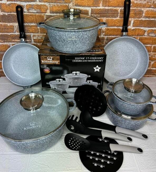Duży zestaw garnków+2 patelni+ akcesoria.17el. Nowy