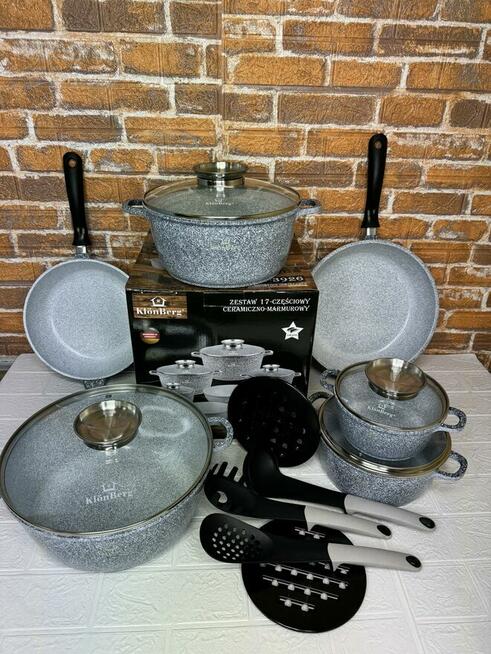 Duży zestaw garnków+2 patelni+ akcesoria.17el. Nowy