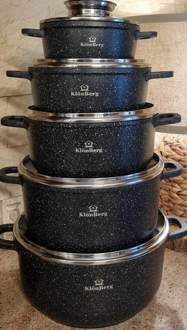 Duży zestaw garnków.10el. marmurkowe. Czarne.