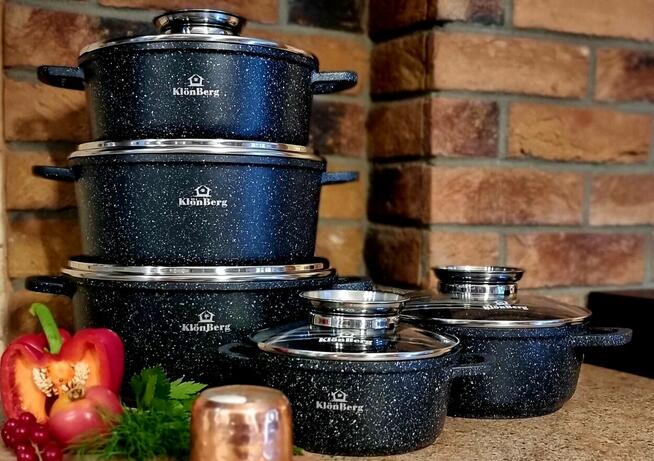 Duży zestaw garnków.10el. marmurkowe. Czarne.