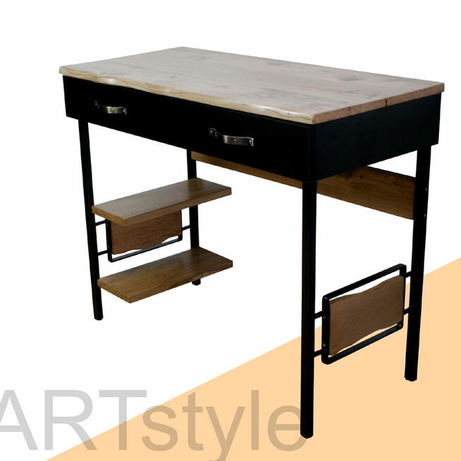 Biurko z dębowym blatem, szufladą na metalowych nogach.