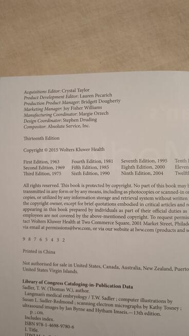 Medical Embryology, Sadler