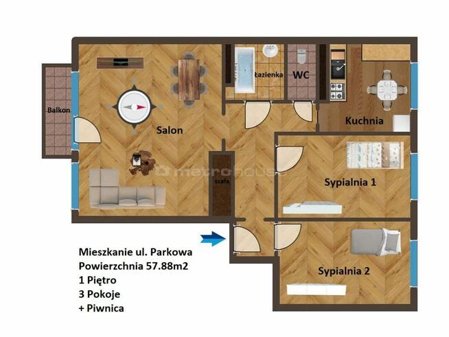 Przytulne mieszkanie 58m2- 1 piętro 3 pok.#Parkowa