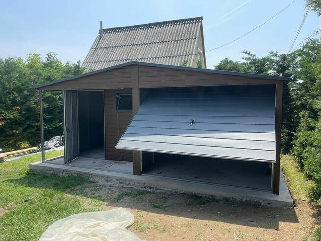 Garaż blaszany 6x5 drewnopodobny jednostanowiskowy z ganeczk