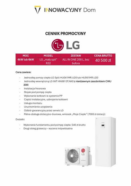 Pompa ciepła LG 4-6 kW split. Zbiornik CWU 200l. Montaż