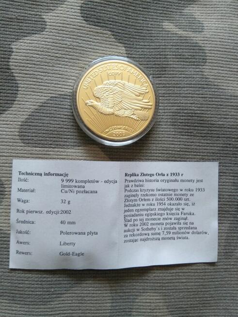 25. Replika amerykańskiej monety złotego orła z 1933 r.