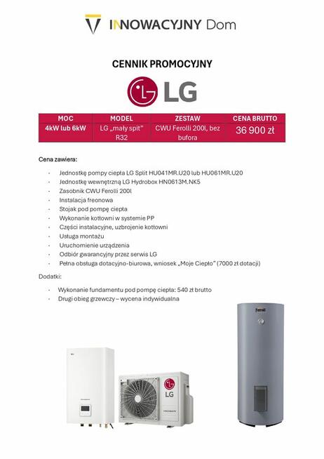 Pompa ciepła LG 4-6 kW split. Zbiornik CWU 200l. Montaż