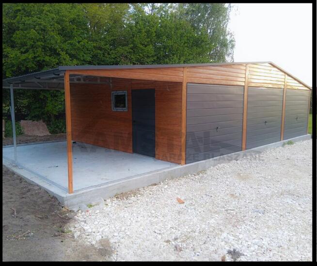 Garaż blaszany 9x5 drewnopodobny trzystanowiskowy + wiata 3x