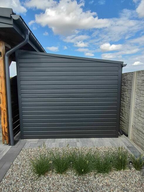 Garaż blaszany 3x5 grafitowy jednospadowy na bok brama uchylna