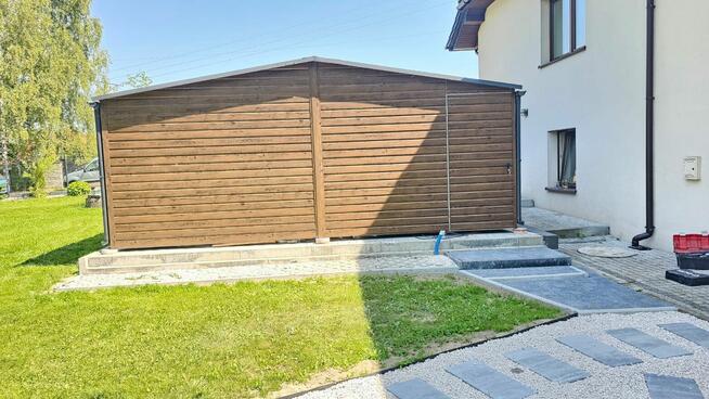 Garaż blaszany 6x5 drewnopodobny dwustanowiskowy dwuspadowy