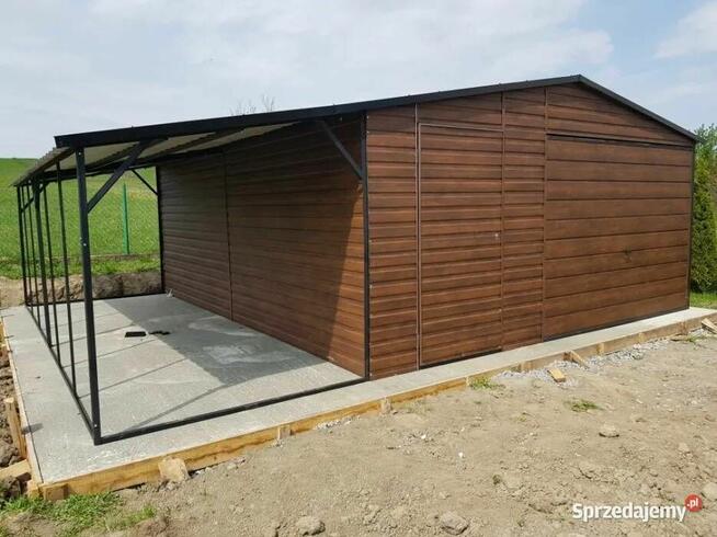 Garaż blaszany 5x7 drewnopodobny + wiata 3x7