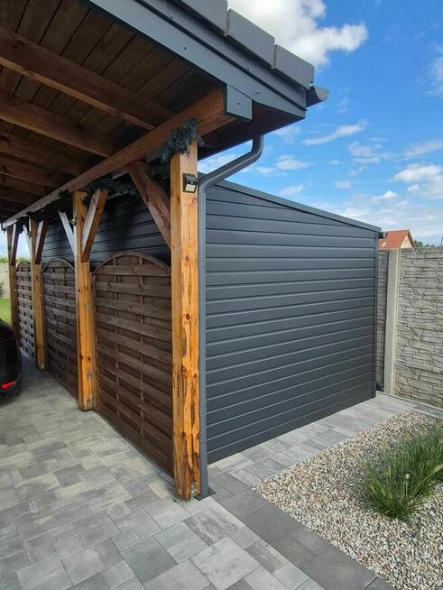 Garaż blaszany 3x5 grafitowy jednospadowy na bok brama uchylna