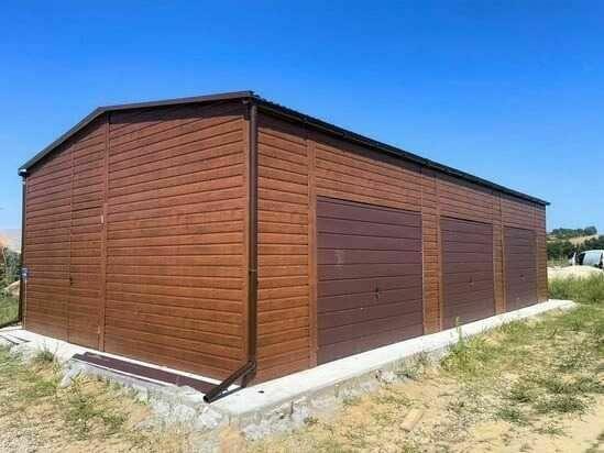 Garaż blaszany 12x6 drewnopodobny trzystanowiskowy dwuspadowy
