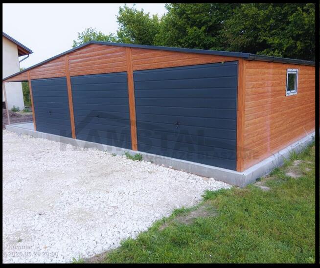 Garaż blaszany 9x5 drewnopodobny trzystanowiskowy + wiata 3x