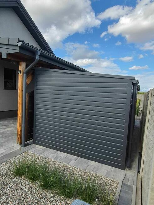 Garaż blaszany 3x5 grafitowy jednospadowy na bok brama uchylna