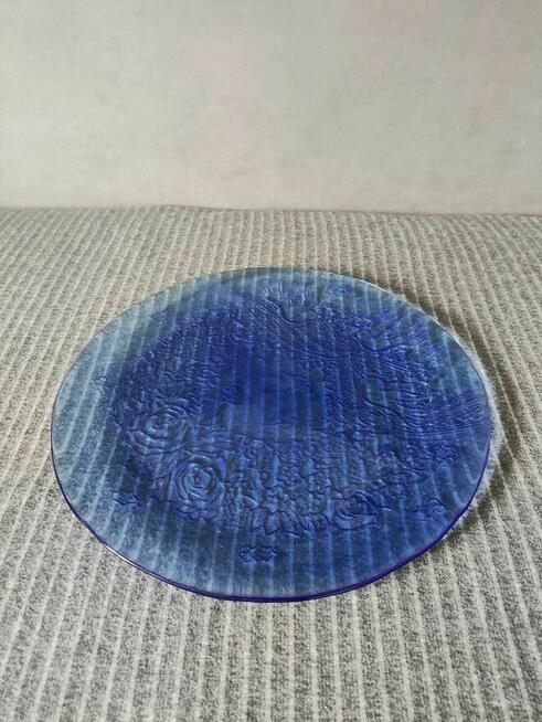 Szklana Patera niebieska szkło prasowana talerz ozdobna