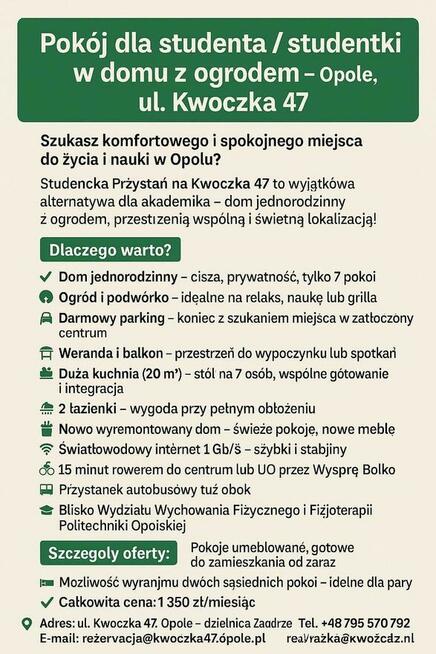 Tanie pokoje dla studentów lub par •Kwoczka 47 •blisko PO WF