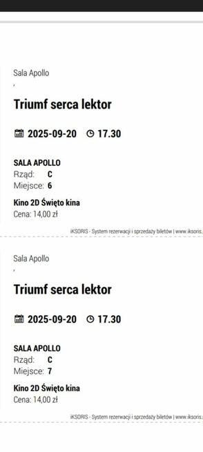 2x Bilety do kina Triumf serca 20.09.2025 17.30