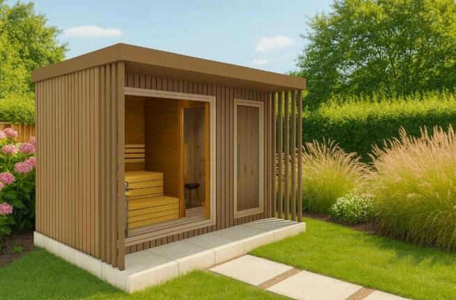 Sauna ogrodowa z przedsionkiem - producent - projekt 3D