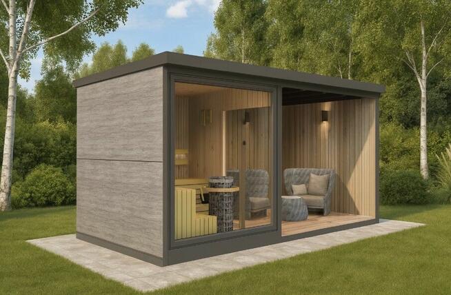 Sauna ogrodowa premium z wiatą - 500x245x230cm -wizualizacja