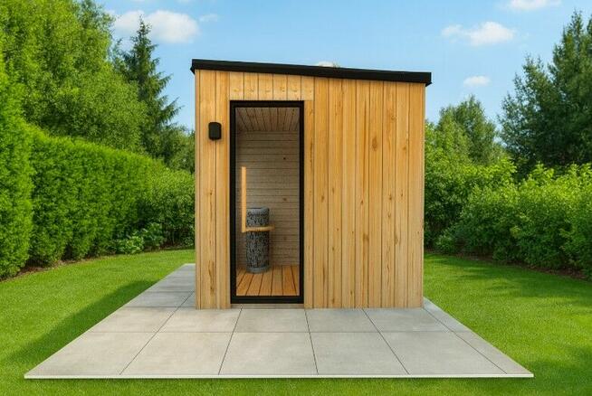 Nowoczesna sauna ogrodowa 220x220 – projekt, wizualizacja