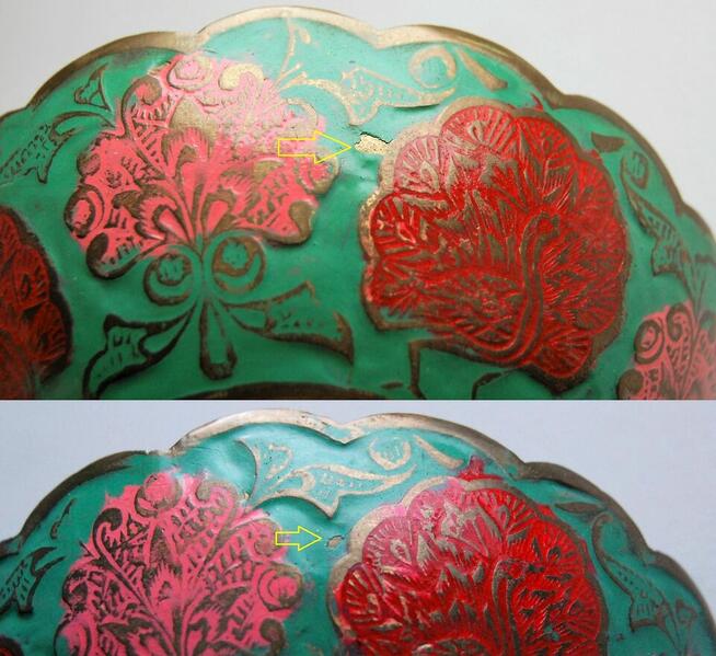 Miska patera mosiężna indyjska zielona emalia paw vintage