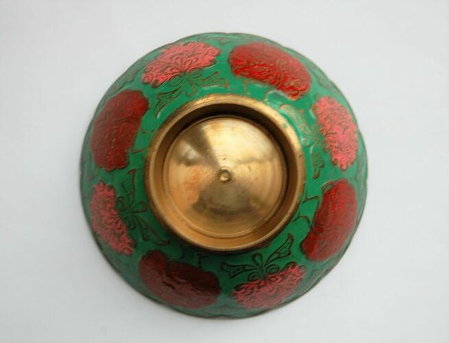 Miska patera mosiężna indyjska zielona emalia paw vintage