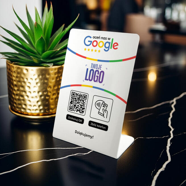 Stojak, prezenter z QR, NFC do opinii Google + LOGO FIRMY