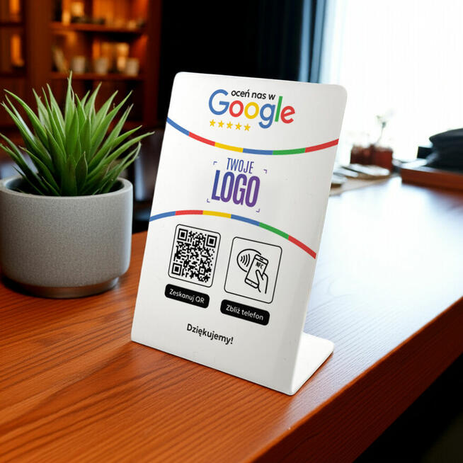 Stojak, prezenter z QR, NFC do opinii Google + LOGO FIRMY