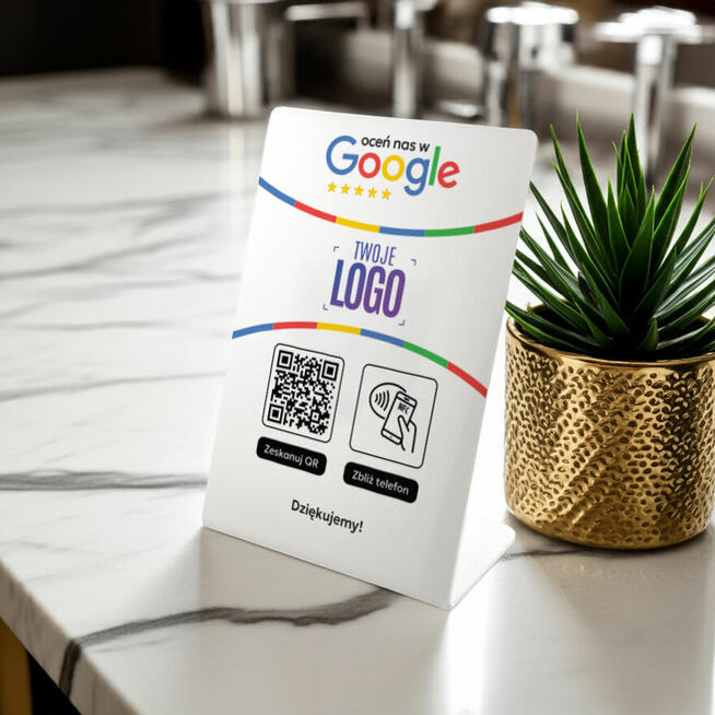 Stojak, prezenter z QR, NFC do opinii Google + LOGO FIRMY