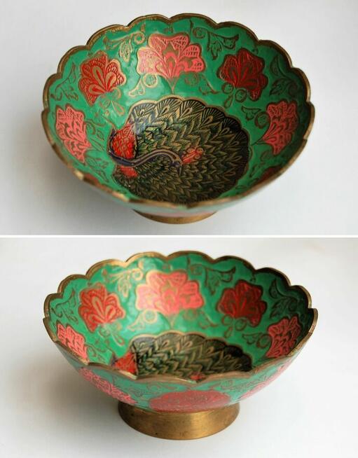 Miska patera mosiężna indyjska zielona emalia paw vintage