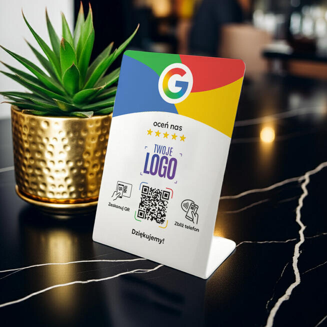 Stojak, prezenter z QR, NFC do opinii Google + LOGO FIRMY