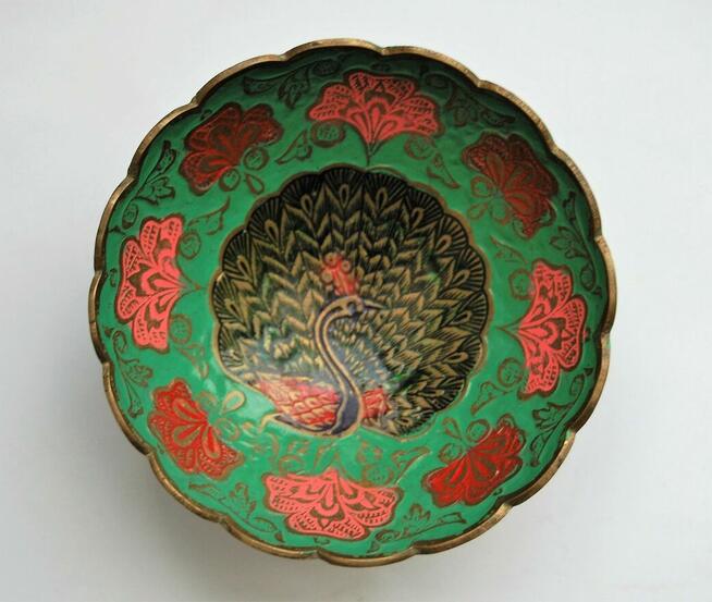 Miska patera mosiężna indyjska zielona emalia paw vintage