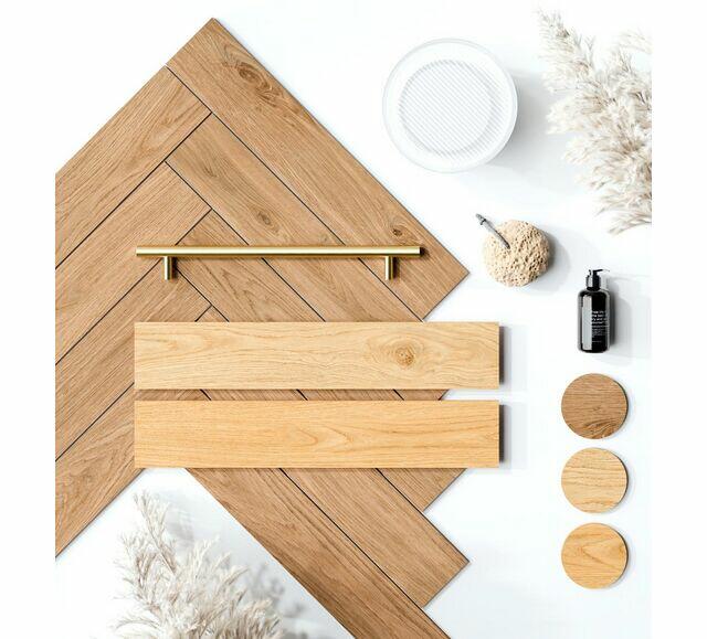 Płytki łazienkowe drewnopodobne jodełka 60x11 Mossa Cerrad