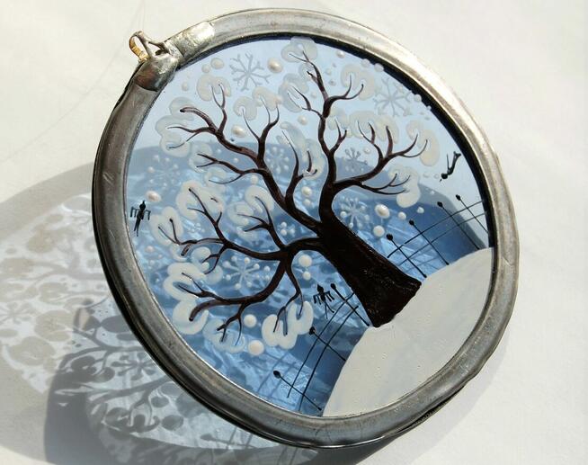 Witraż malowany na szkle, zimowe drzewo, Szwajcaria, vintage