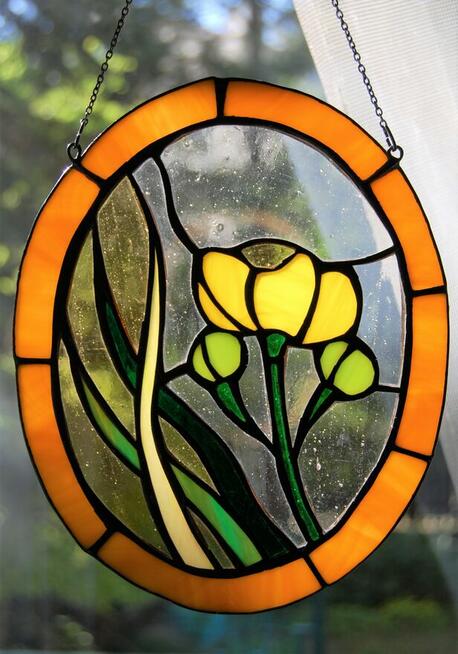 Kaczeńce, kwiaty, witraż Tiffany, zawieszka do okna