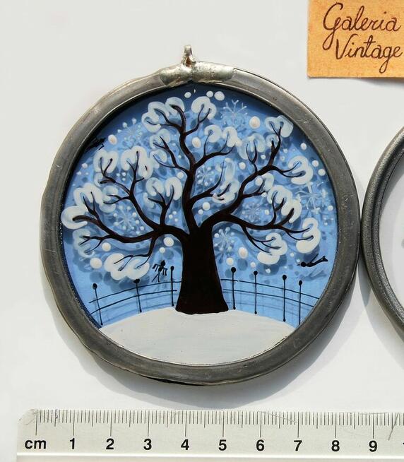 Witraż malowany na szkle, zimowe drzewo, Szwajcaria, vintage