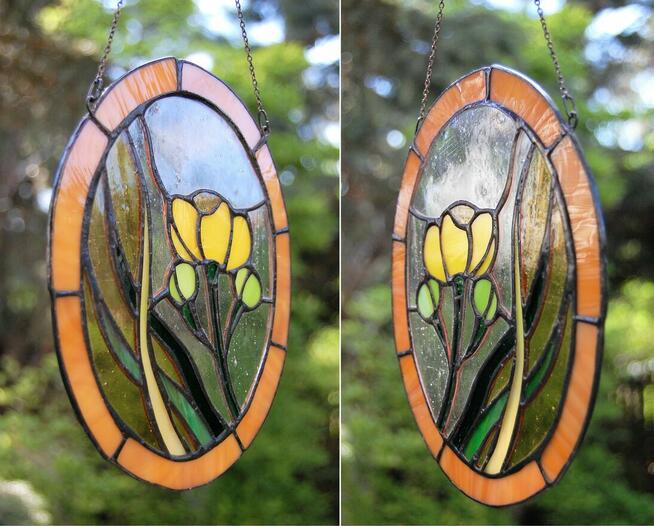 Kaczeńce, kwiaty, witraż Tiffany, zawieszka do okna