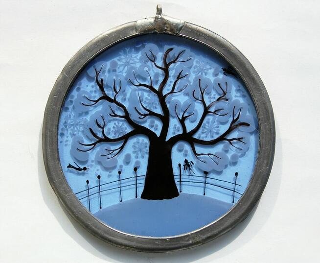 Witraż malowany na szkle, zimowe drzewo, Szwajcaria, vintage