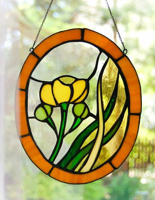 Kaczeńce, kwiaty, witraż Tiffany, zawieszka do okna