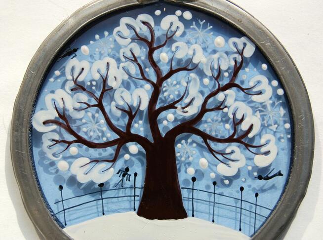 Witraż malowany na szkle, zimowe drzewo, Szwajcaria, vintage