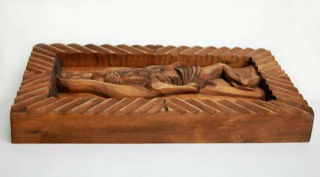 Pieta, płaskorzeźba ludowa drewno, Cepelia, rękodzieło, PRL