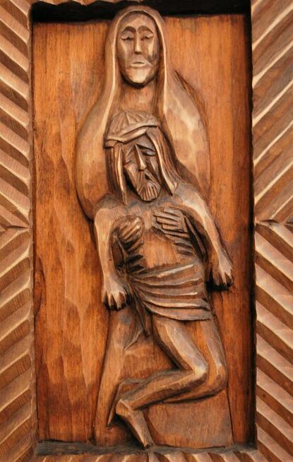 Pieta, płaskorzeźba ludowa drewno, Cepelia, rękodzieło, PRL