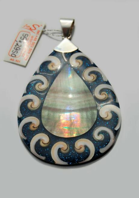 Wisior kropla masa perłowa muszla żywica srebro 925