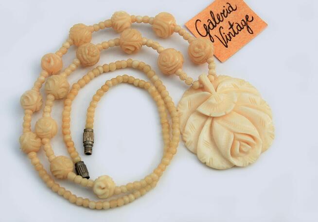 Róża rzeźbiony naszyjnik z kości, kość, vintage